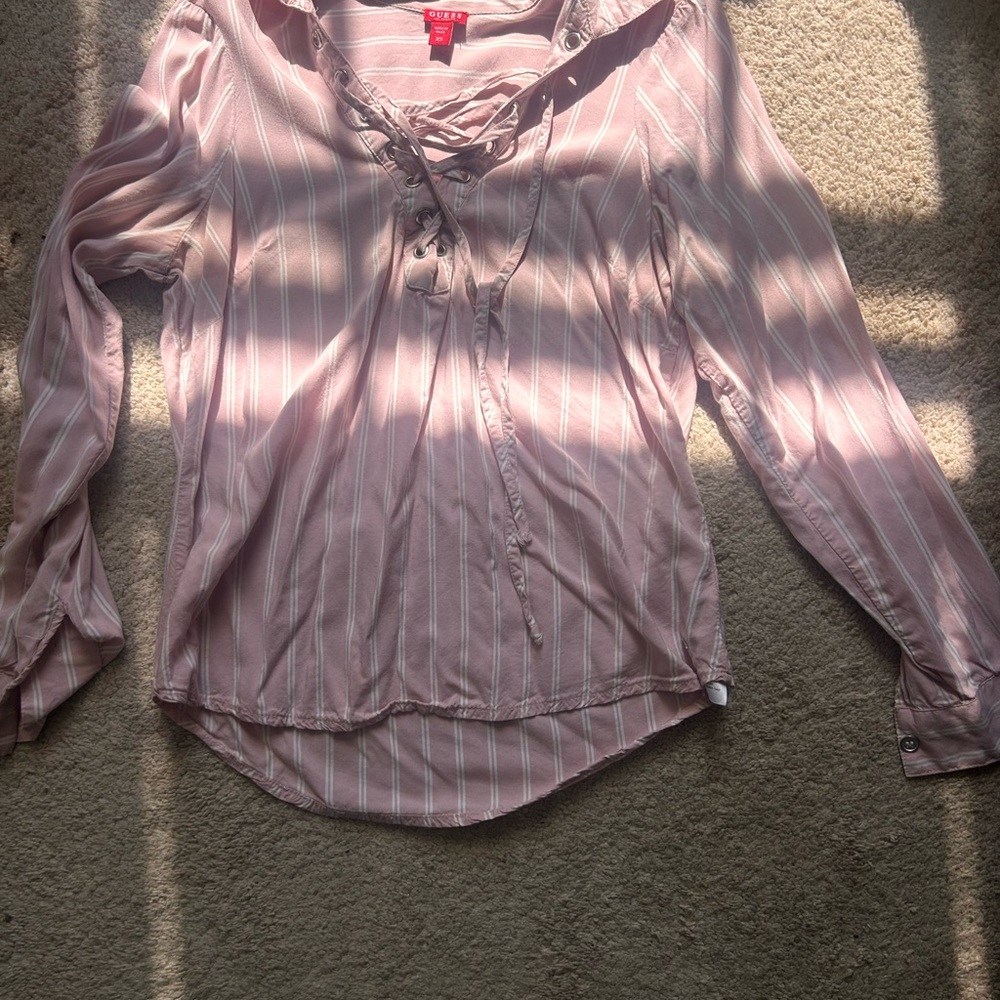 GUESS brand Women's Lace-Up Pink Stripe Long-Sleeve Top